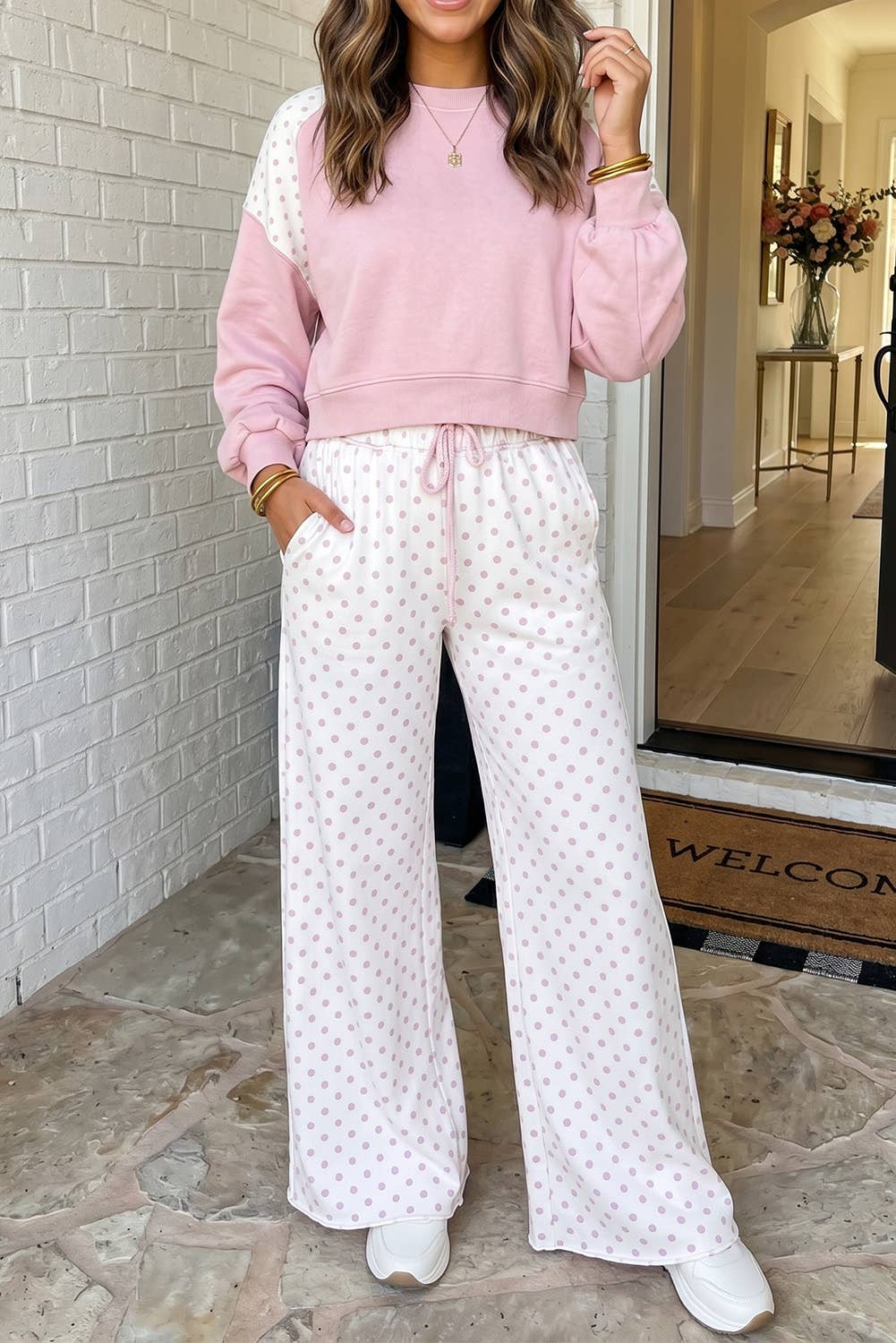 Polka Dot Colorblock Casual Pants Set