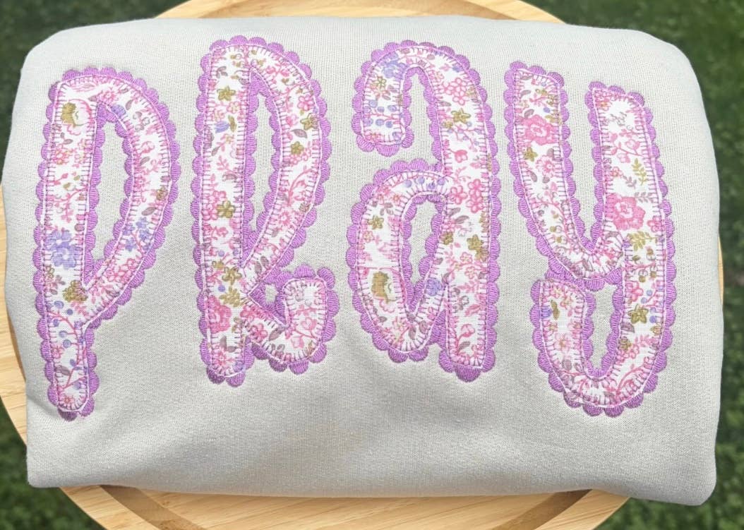 Pray Purple/Pink Floral Applique Embroidered Crewneck
