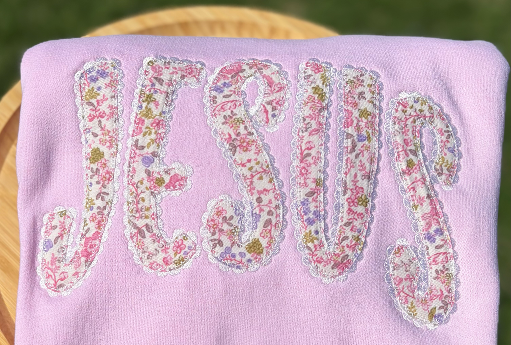 Jesus Pink/Purple Floral Christian Appliqué Embroidered Crew