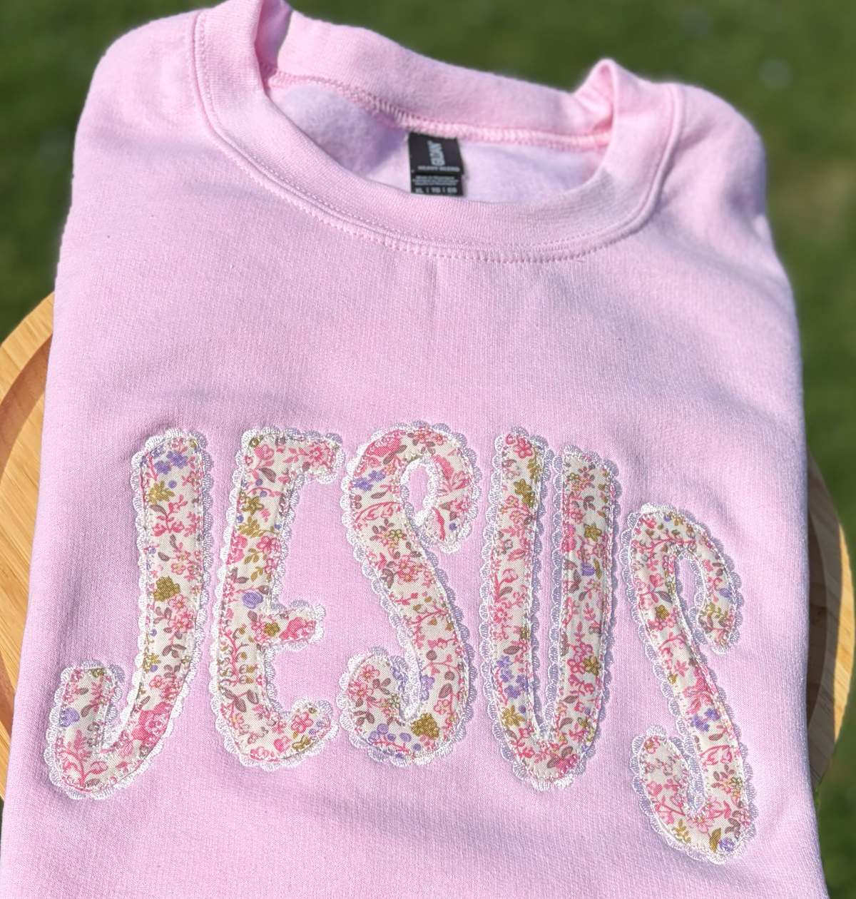 Jesus Pink/Purple Floral Christian Appliqué Embroidered Crew