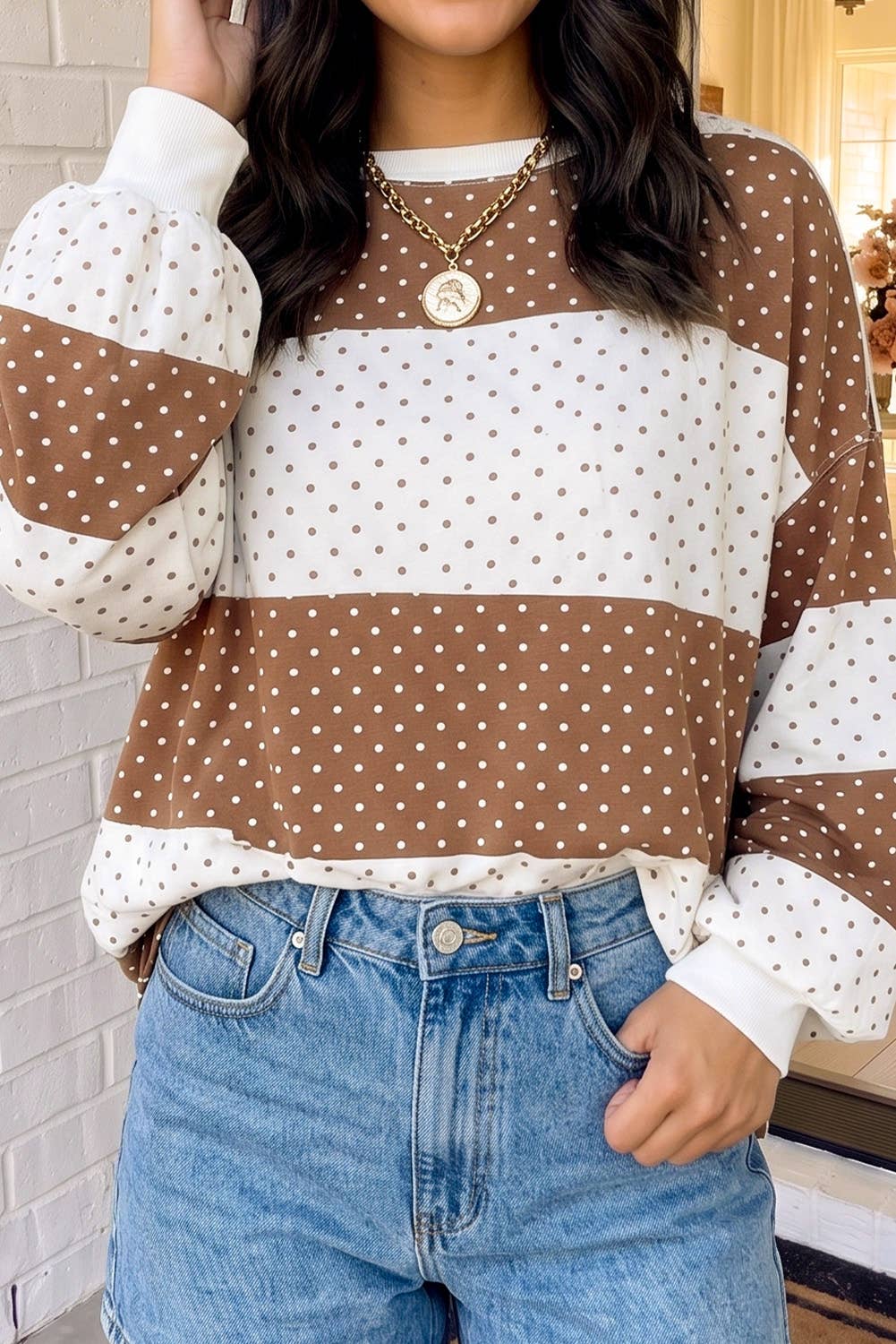 Polka Dot Patchwork Colorblock Crew Neck