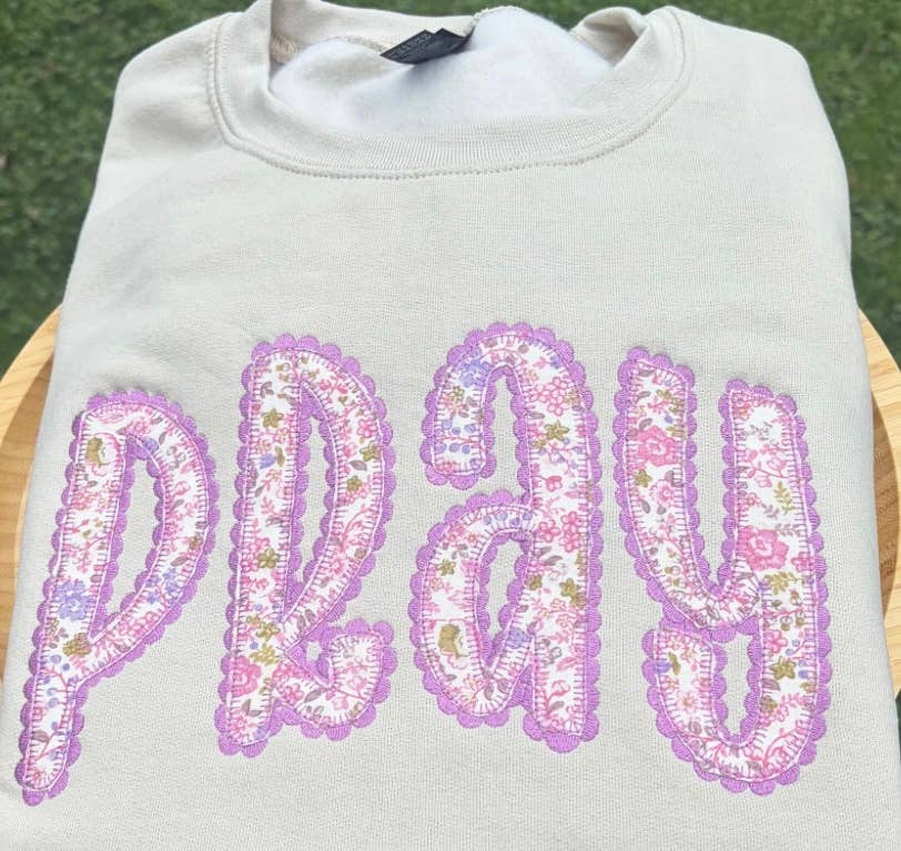 Pray Purple/Pink Floral Applique Embroidered Crewneck