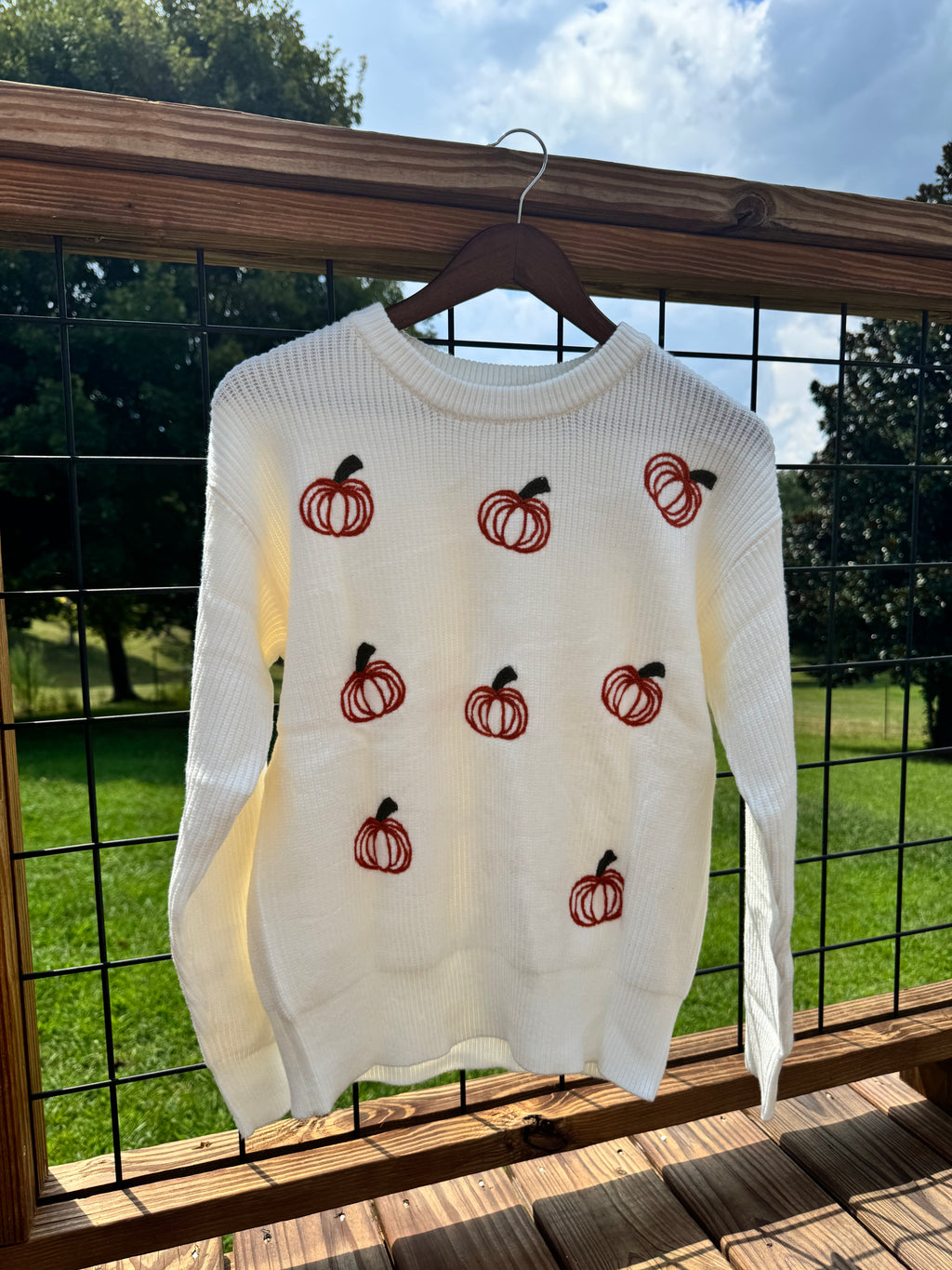 Fall Pumpkin Embroidered Ribbed Knit Sweater