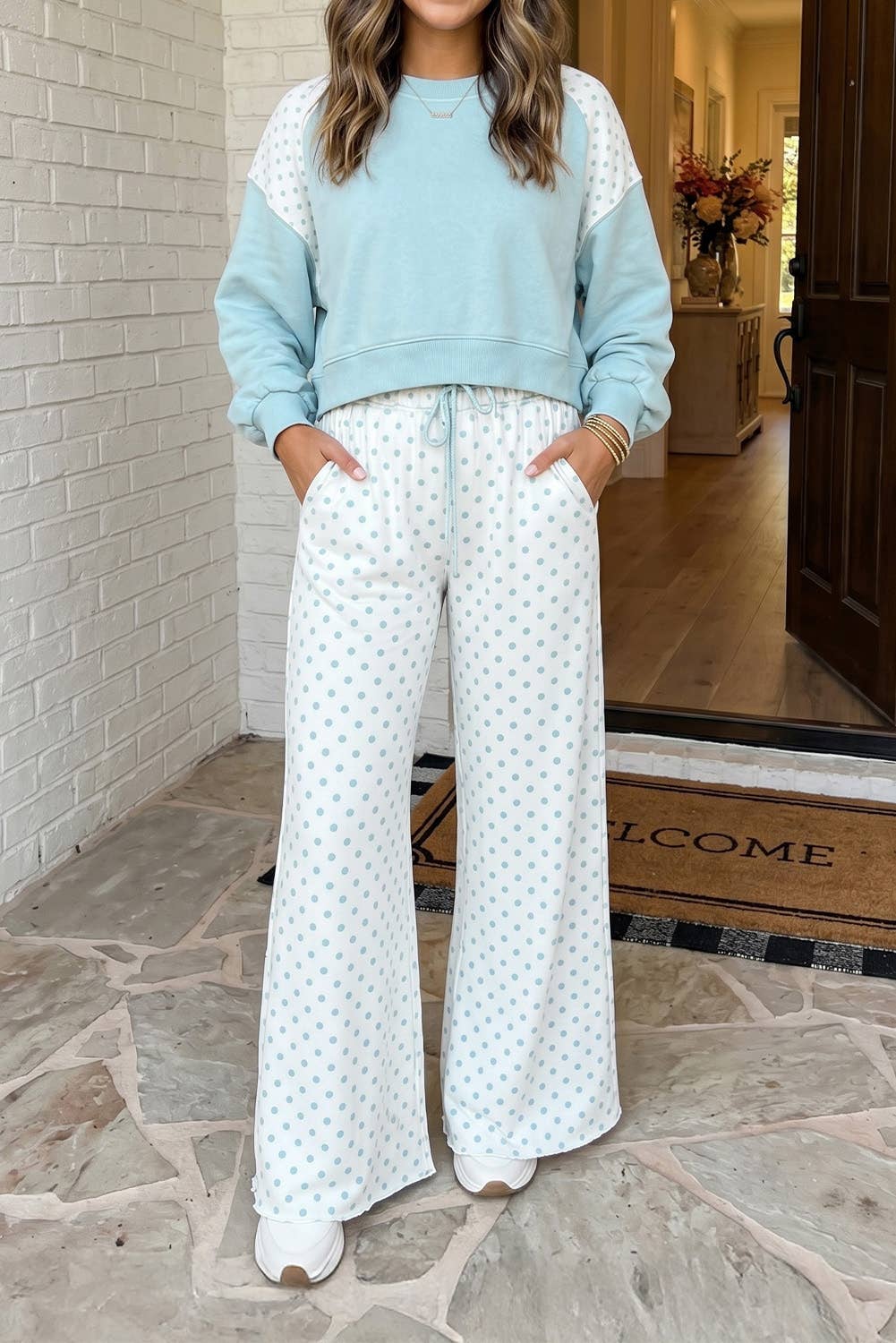 Polka Dot Colorblock Casual Pants Set