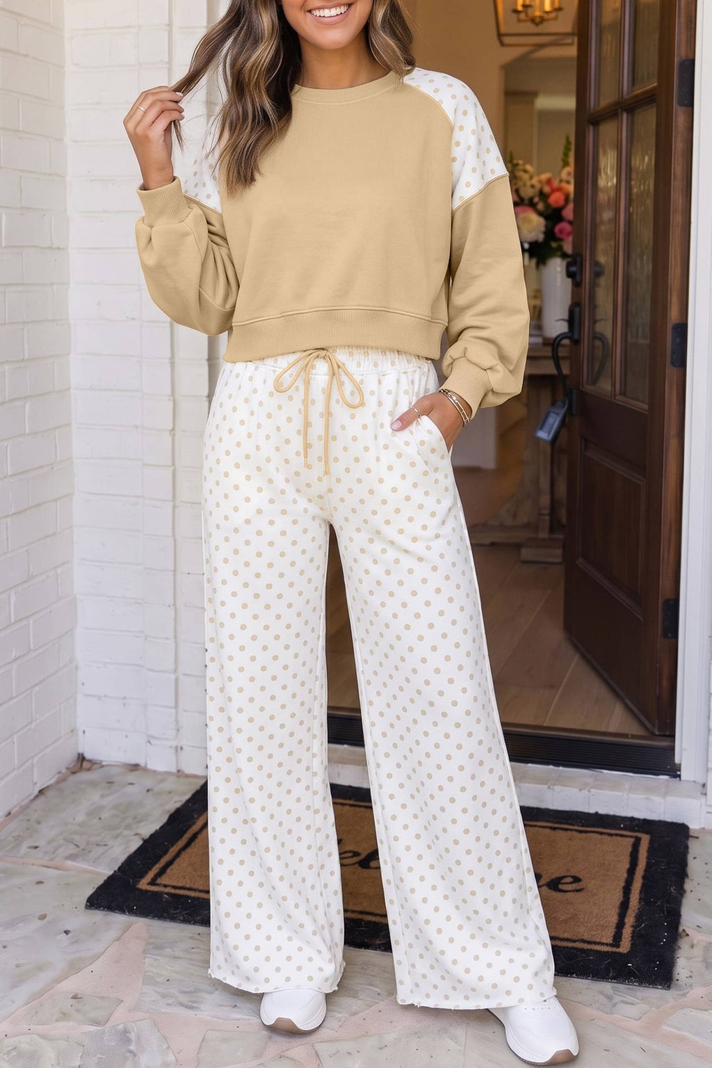Polka Dot Colorblock Casual Pants Set