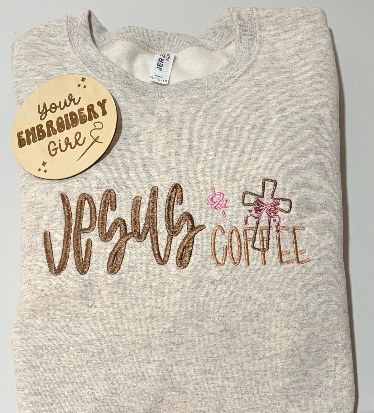 Embroidered Jesus & Coffee JERZEES Crewneck