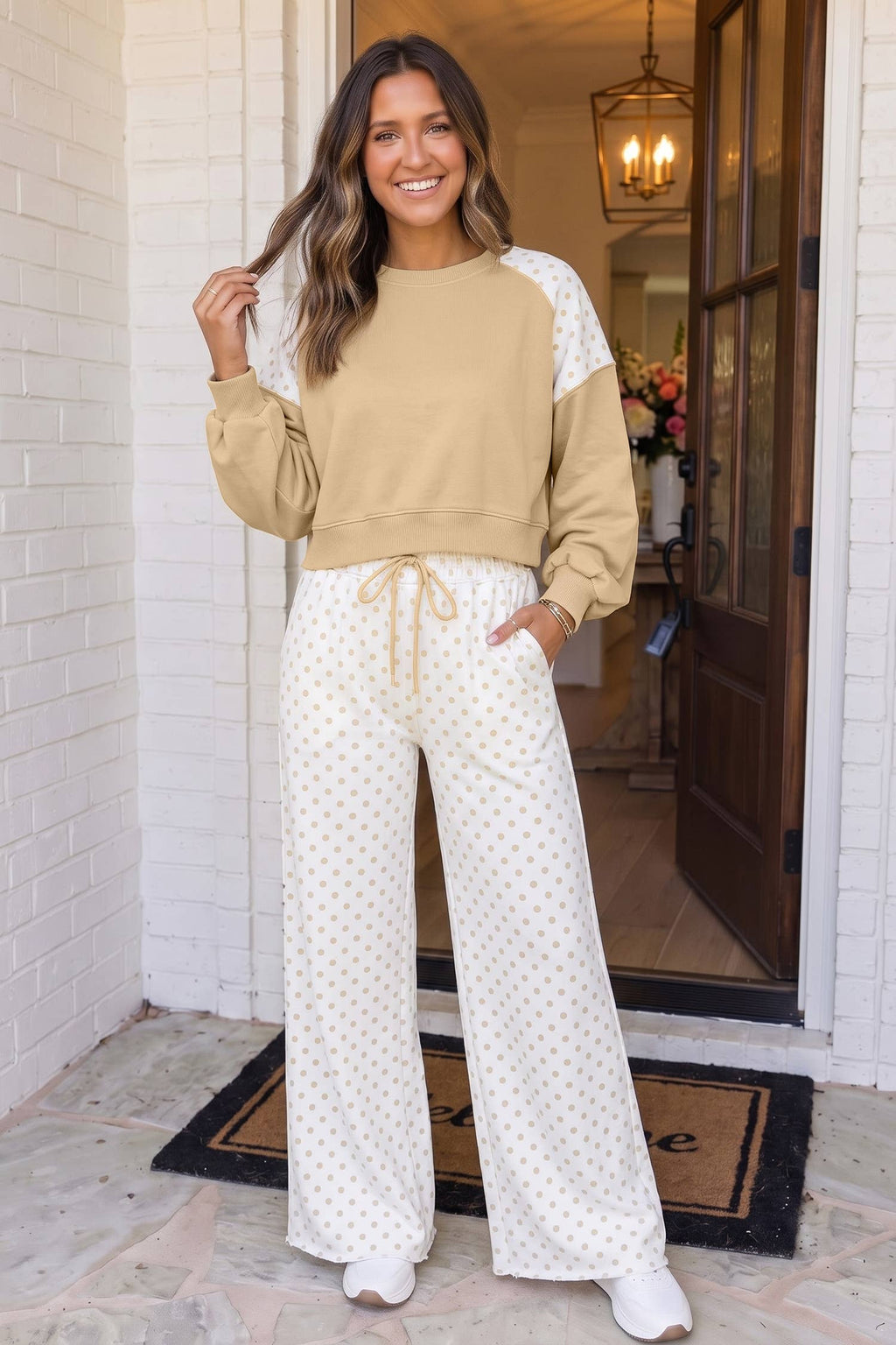 Polka Dot Colorblock Casual Pants Set